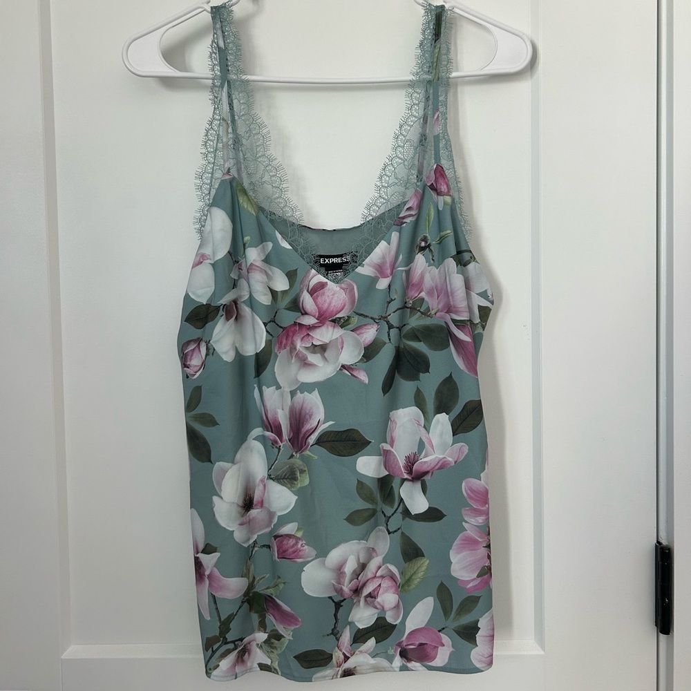 Express Woman’s Muted Green Blue Tank with Purple Flowers Size M